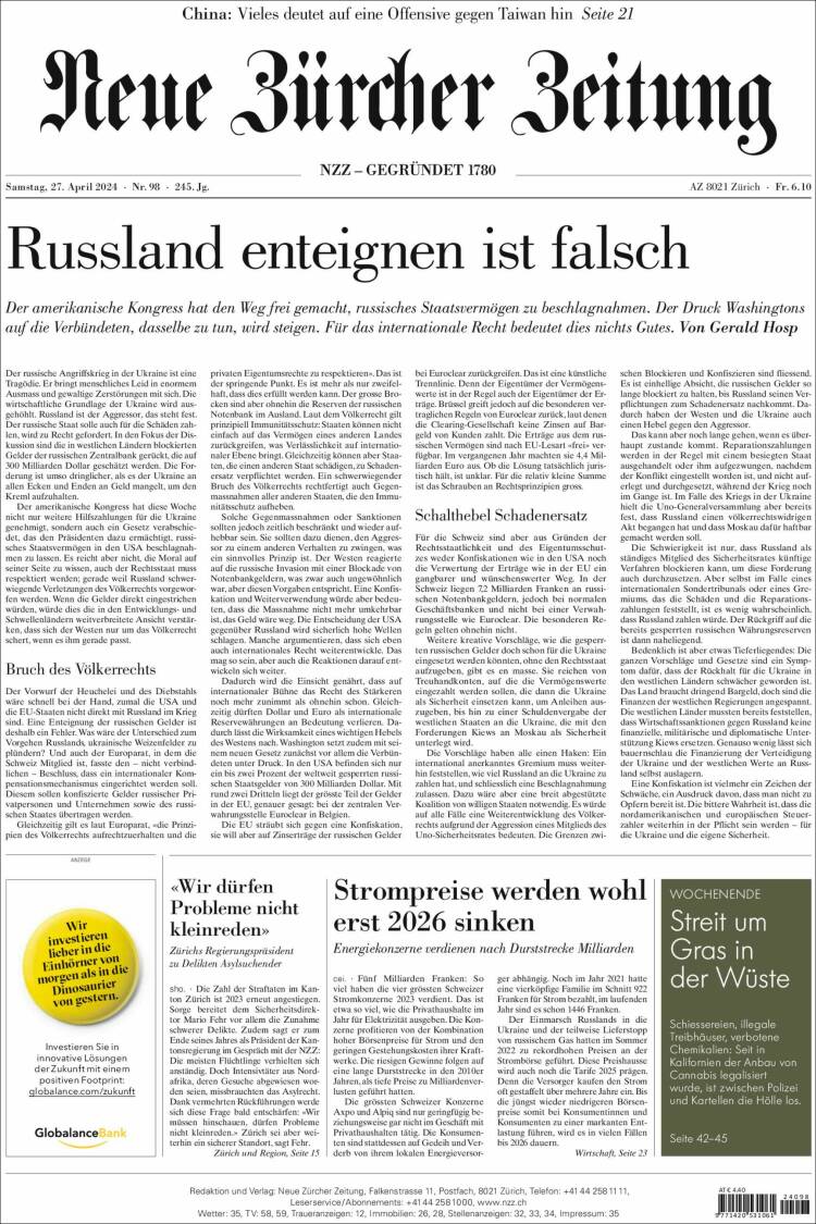 Portada de Neue Zürcher Zeitung (Switzerland)