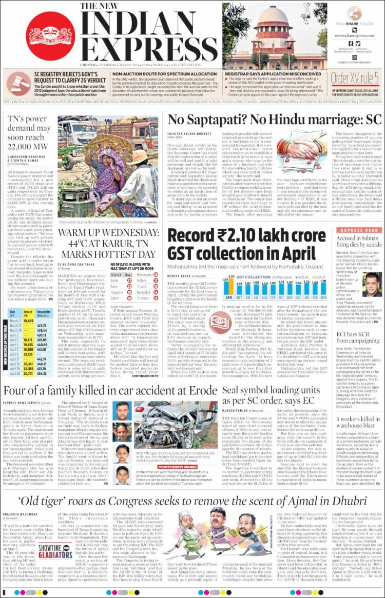 Portada de New Indian Express (Inde)