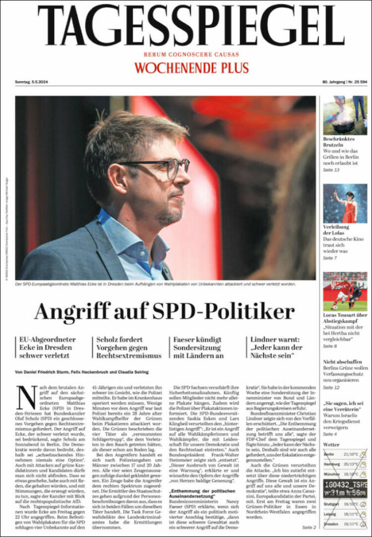 Portada de Der Tagesspiegel (Alemania)