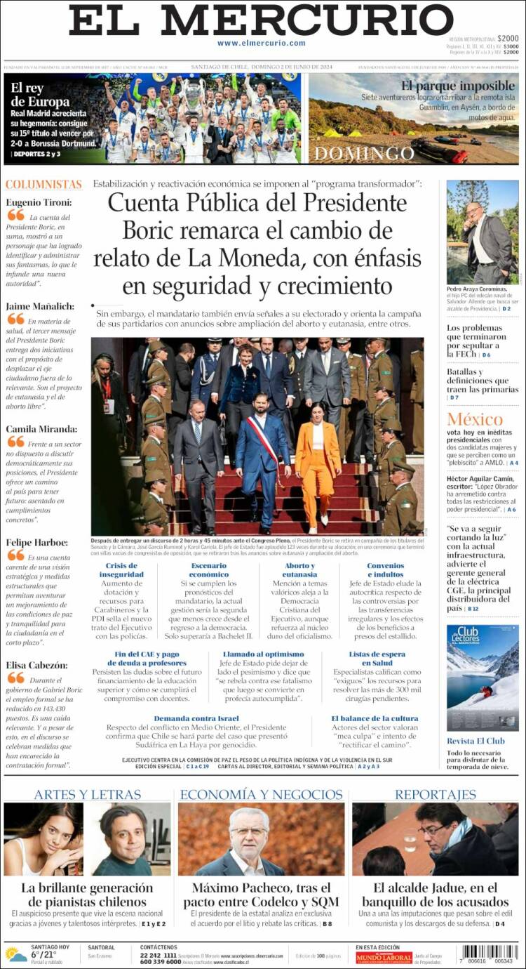 Journal El Mercurio Chili Les Unes Des Journaux De Chili Toute La