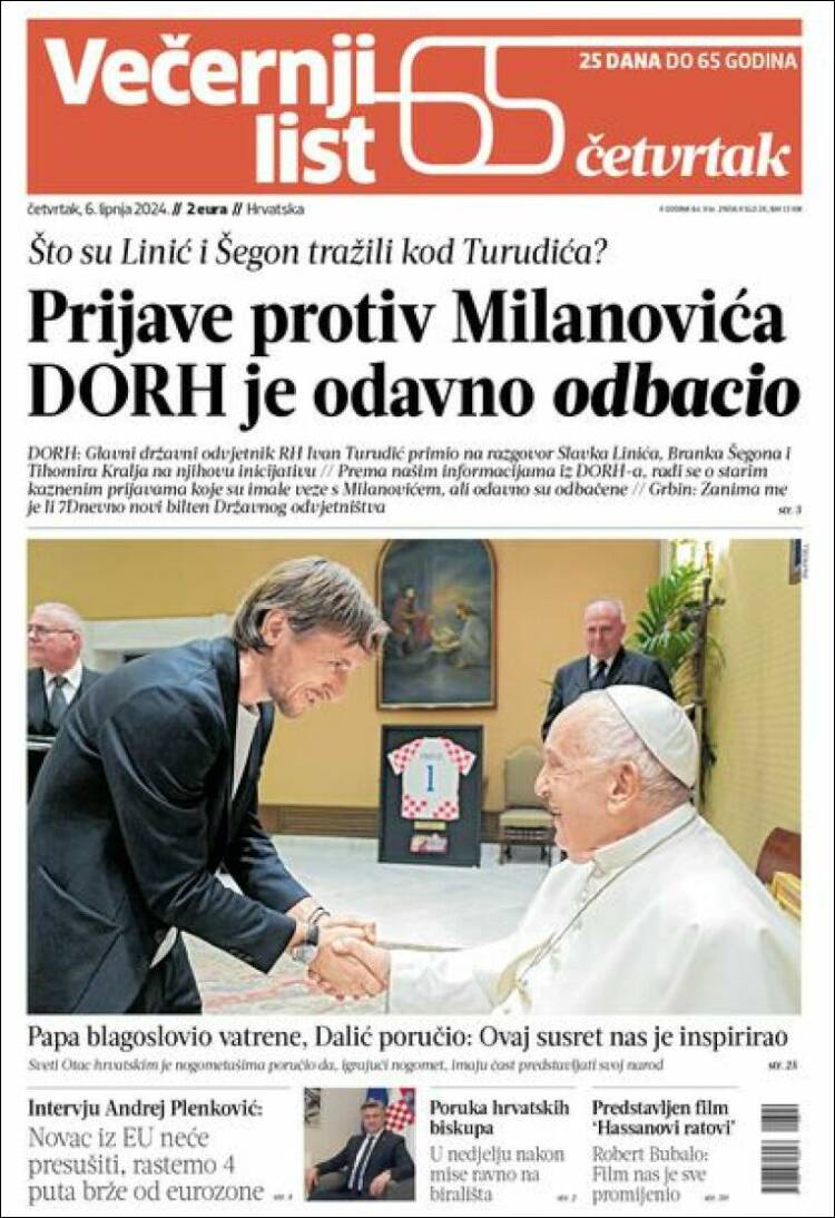 Portada de Večernji (Croacia)