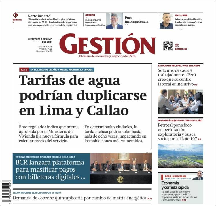 Portada de Diario Gestión (Perú)
