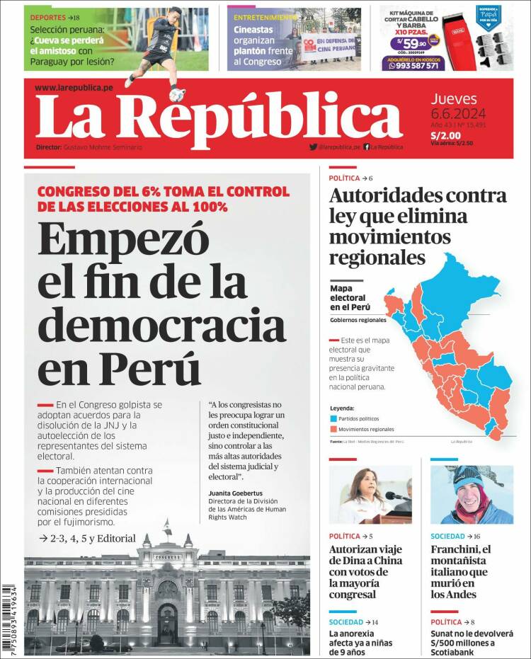 Portada de La Republica (Perú)
