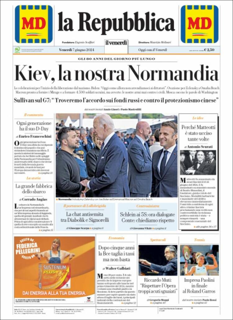 Portada de La Repubblica (Italia)