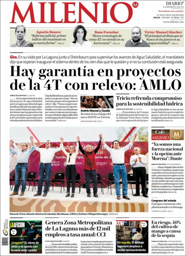 Portada de Milenio - Laguna (México)