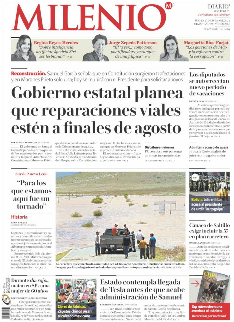 Portada de Milenio de Monterrey (México)