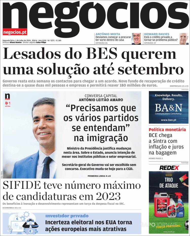 Portada de Jornal de Negócios (Portugal)