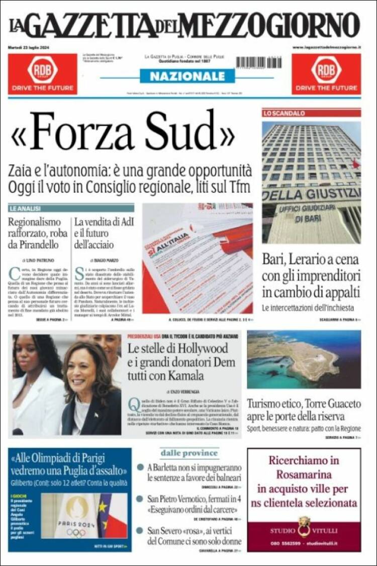 Portada de La Gazzetta del Mezzogiorno (Italia)