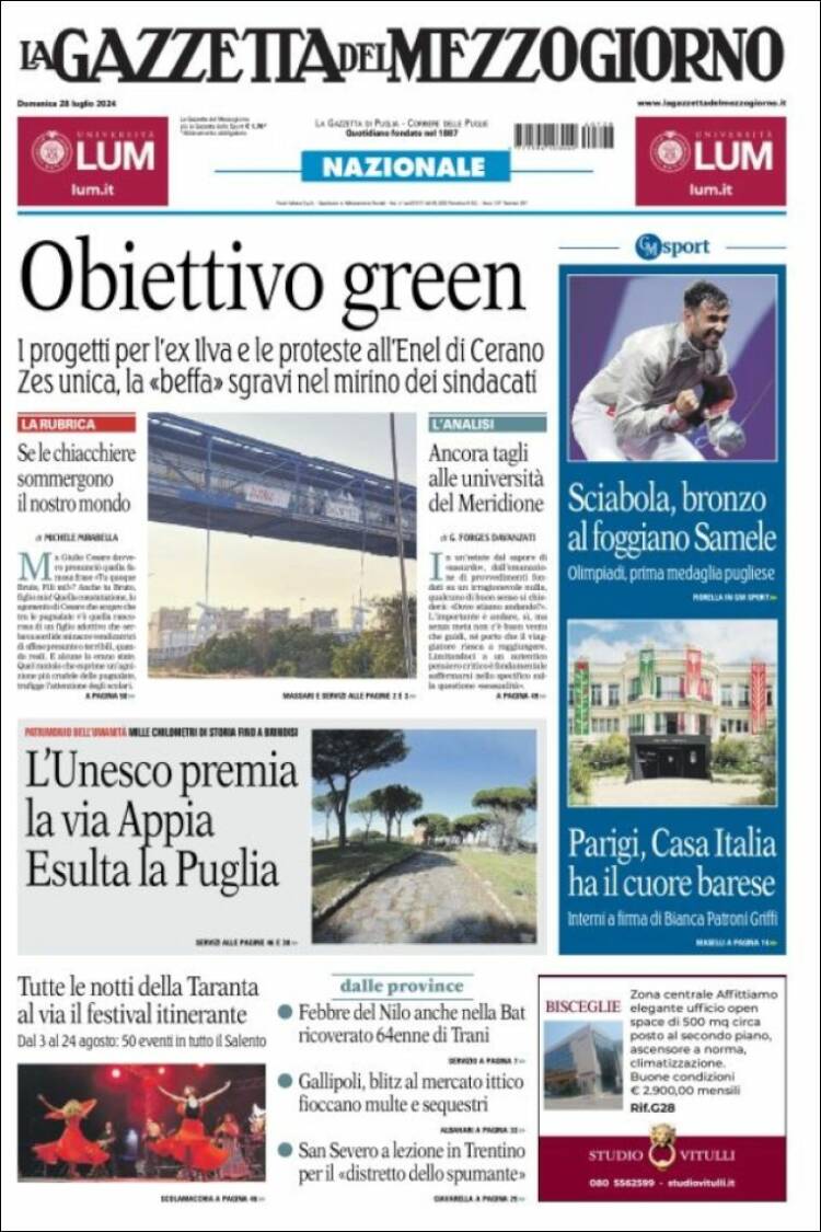 Portada de La Gazzetta del Mezzogiorno (Italia)