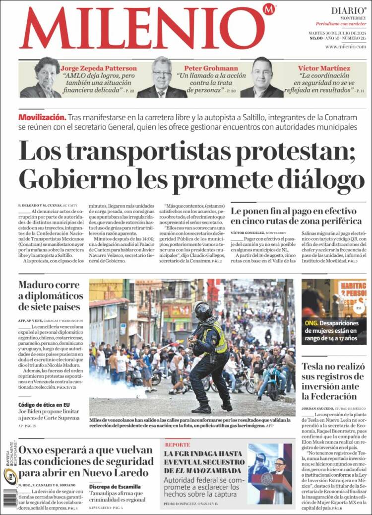Portada de Milenio de Monterrey (México)
