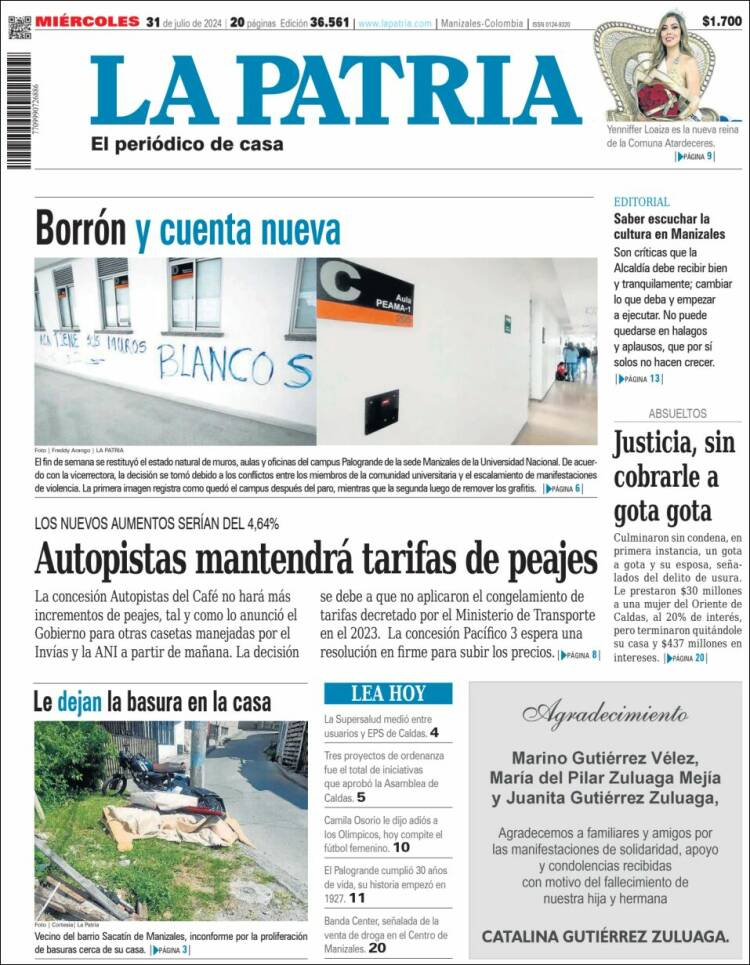 Portada de La Patria (Colombia)