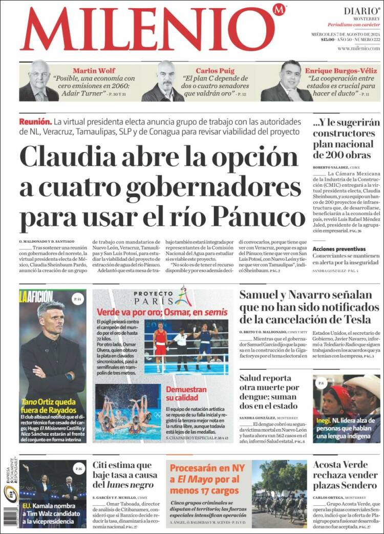 Portada de Milenio de Monterrey (México)