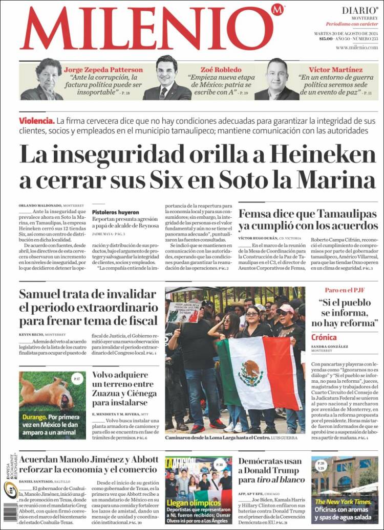 Portada de Milenio de Monterrey (México)
