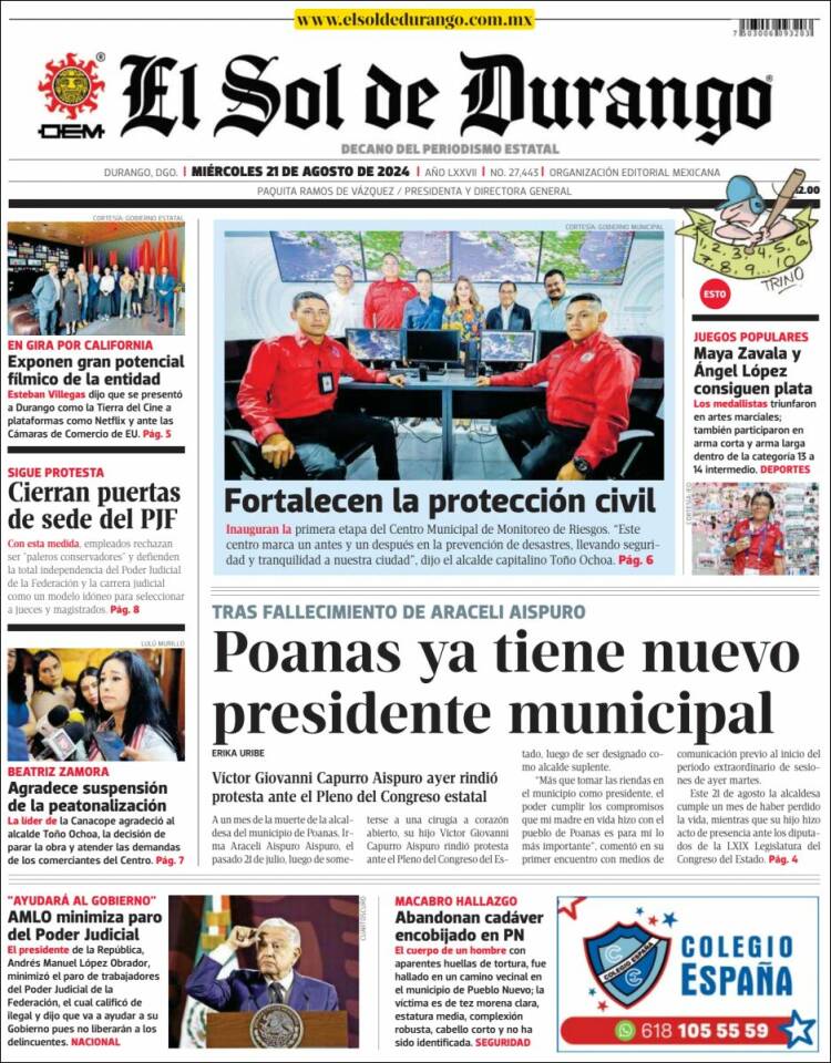 Portada de El Sol de Durango (México)