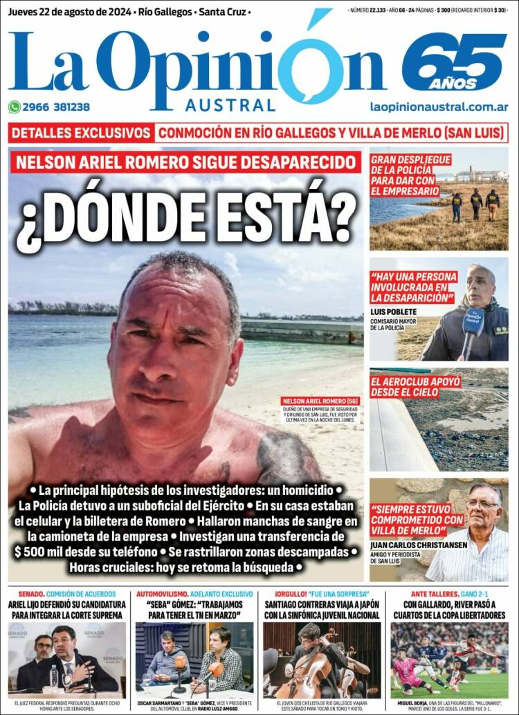 Portada de La Opinión Austral (Argentina)