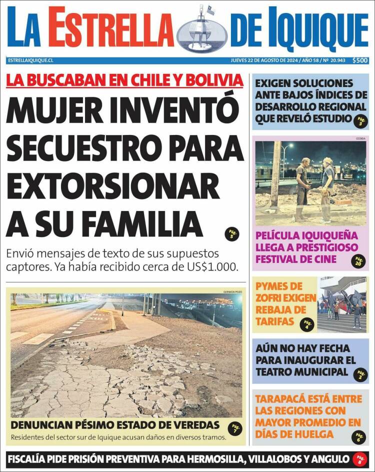 Portada de La Estrella de Iquique (Chile)