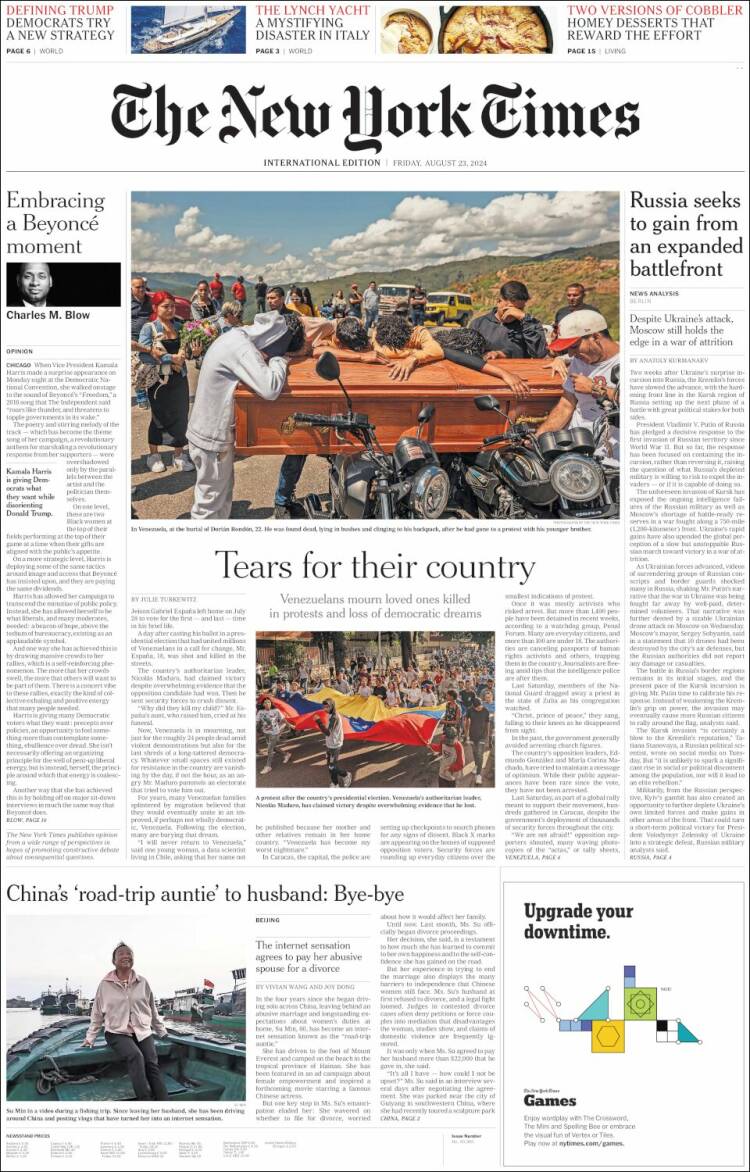 Portada de International New York Times (Europa)