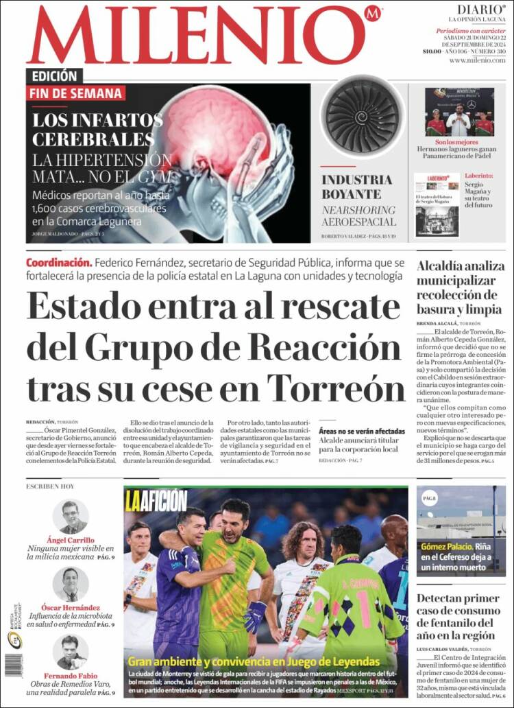 Portada de Milenio - Laguna (México)