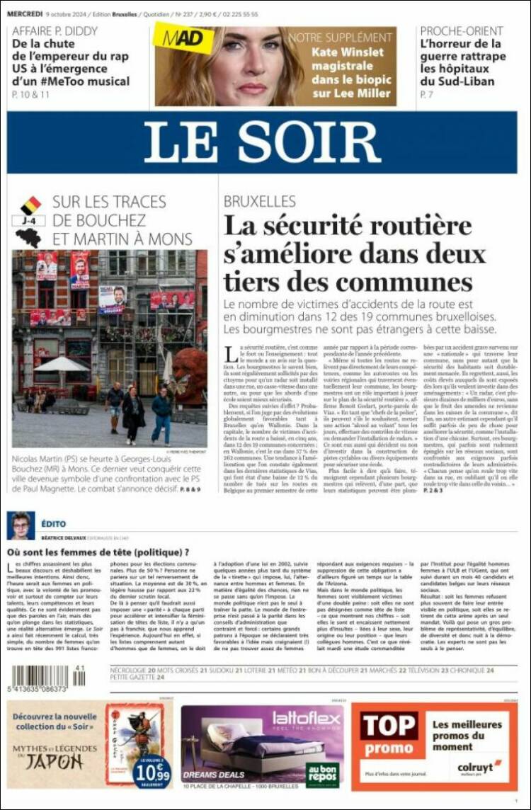 Portada de Le Soir (Bélgica)