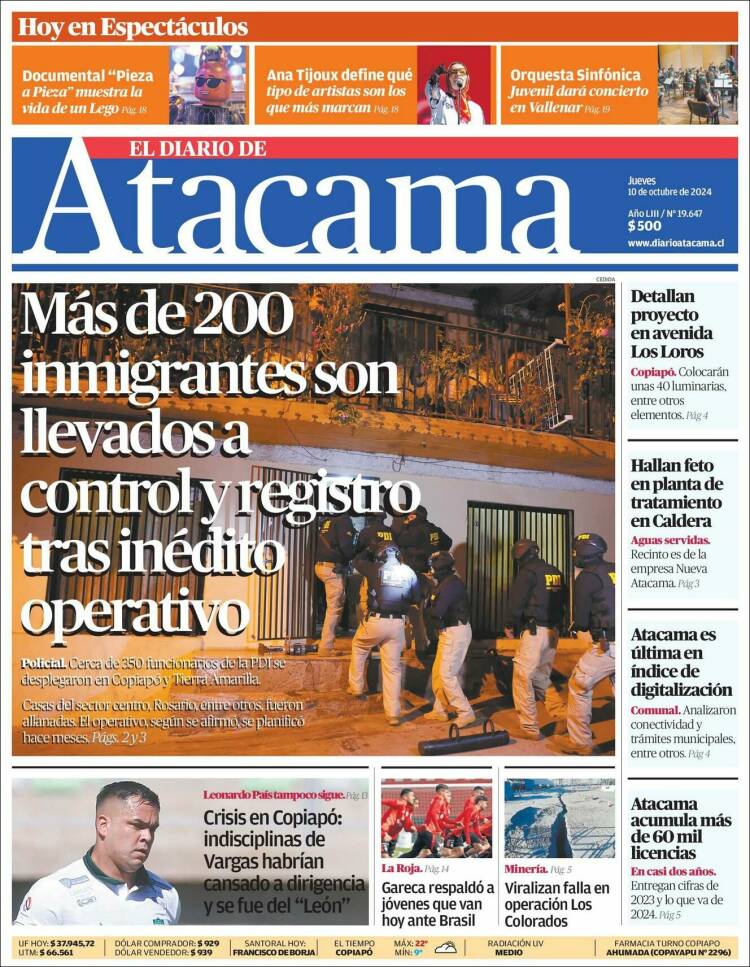 Portada de Diario de Atacama (Chile)