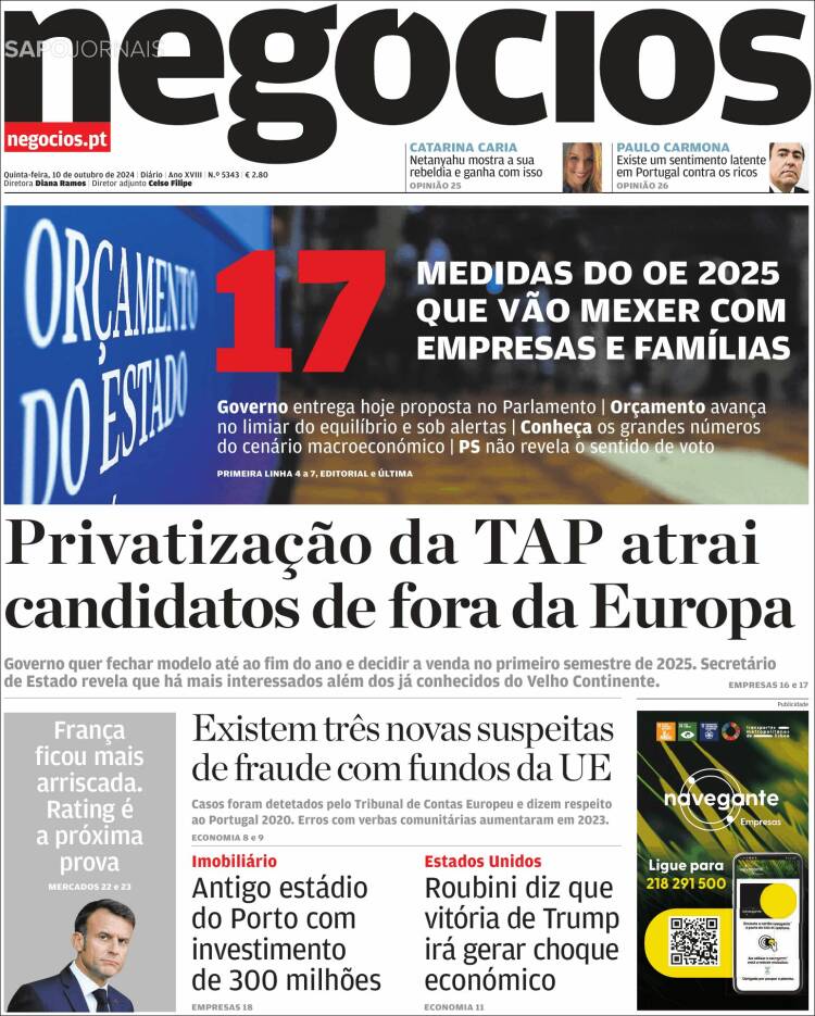 Portada de Jornal de Negócios (Portugal)