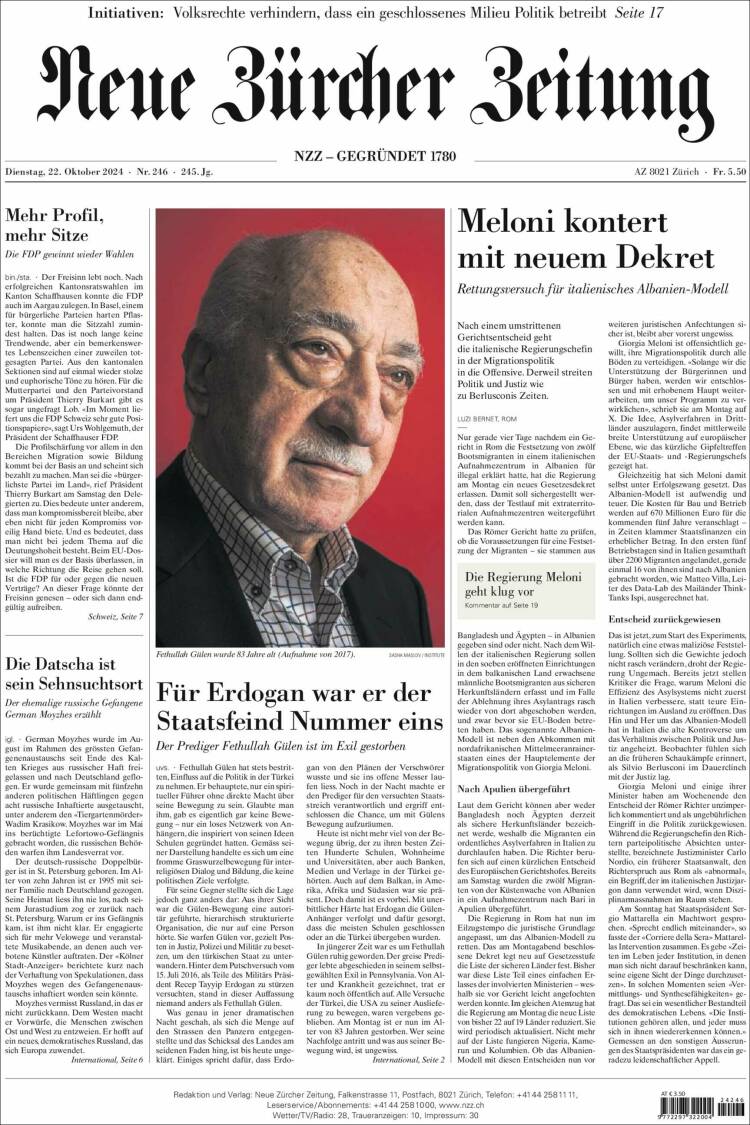 Portada de Neue Zürcher Zeitung (Suiza)