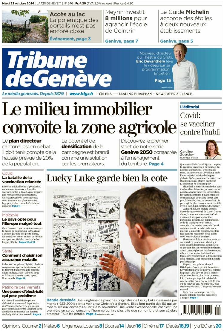 Portada de La Tribune de Genève (Suiza)