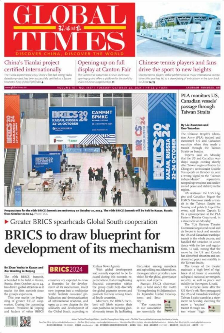 Portada de The Global Times (China)