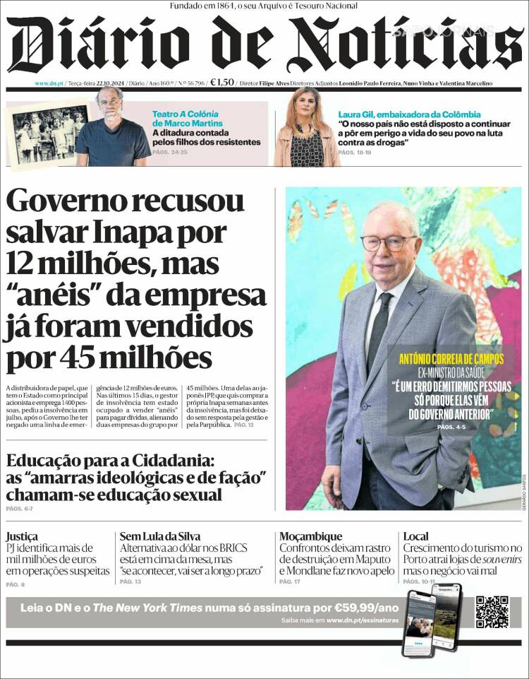 Portada de Diário de Noticias (Portugal)