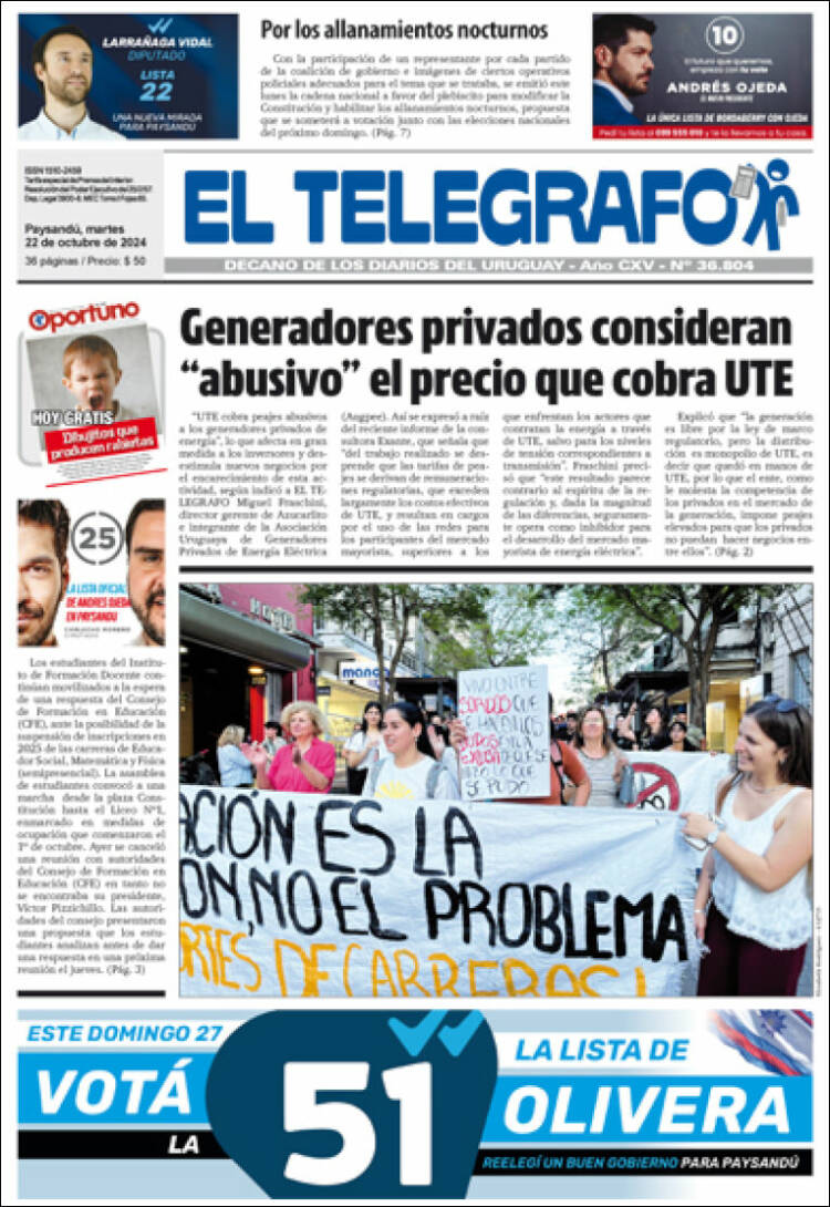 Portada de El Telégrafo (Uruguay)