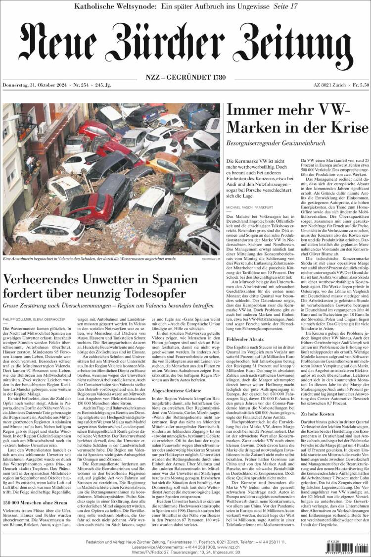Portada de Neue Zürcher Zeitung (Suiza)
