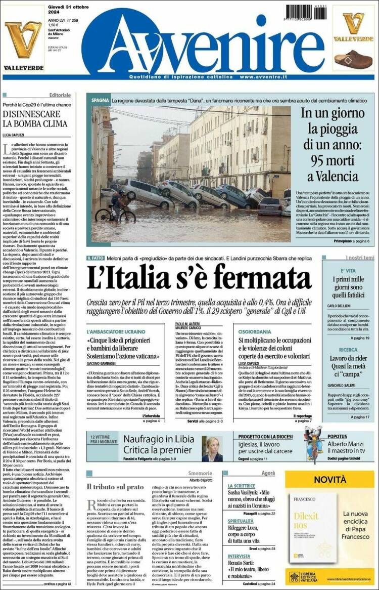 Portada de Avvenire (Italia)