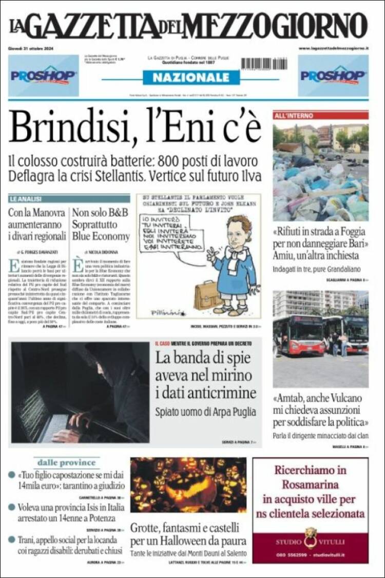Portada de La Gazzetta del Mezzogiorno (Italia)