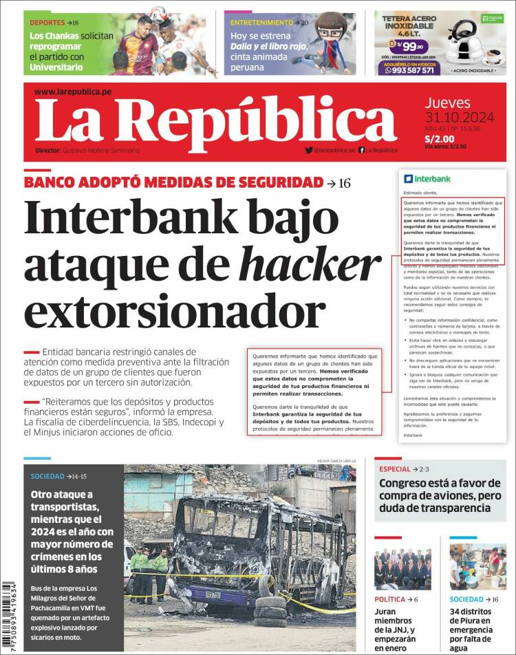 Portada de La Republica (Perú)