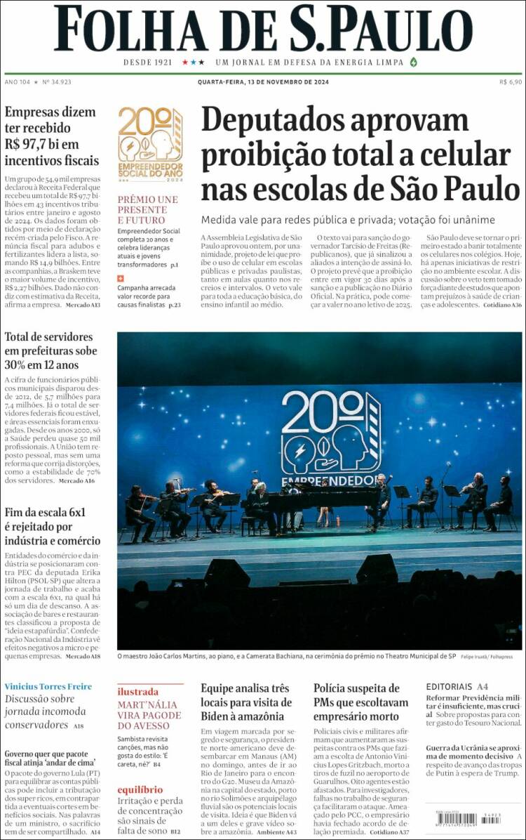Portada de Folha de São Paulo (Brasil)
