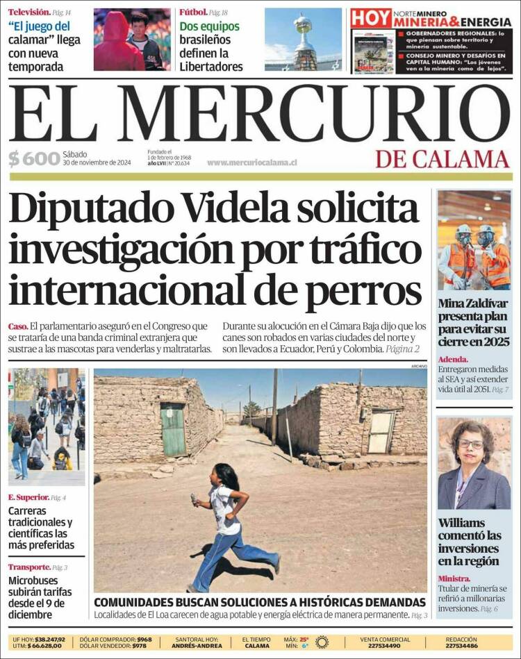 Portada de El Mercurio - Calama (Chile)