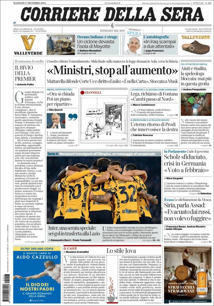 Portada de Corriere della Sera (Italia)