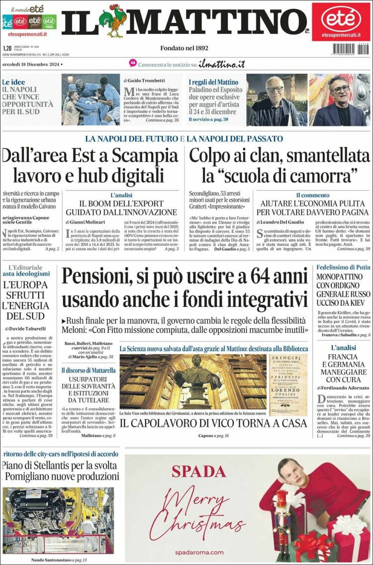 Portada de Il Mattino (Italia)