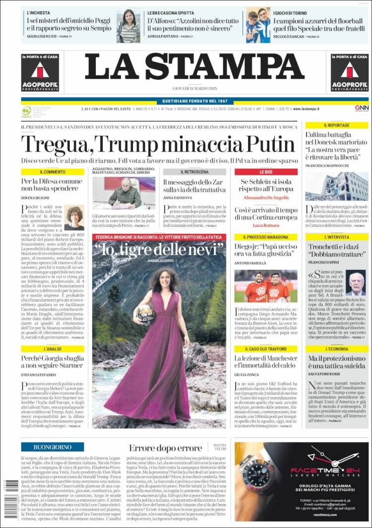 Portada de La Stampa (Italy)
