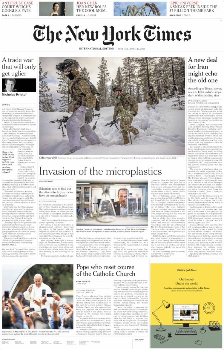 Portada de International New York Times (Europa)
