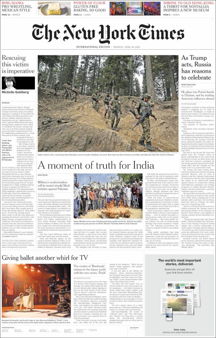 Portada de International New York Times (Europa)