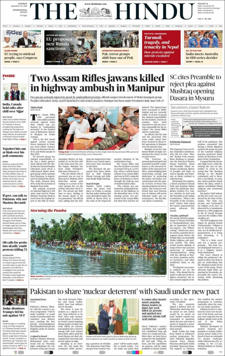 Portada de The Hindu (India)