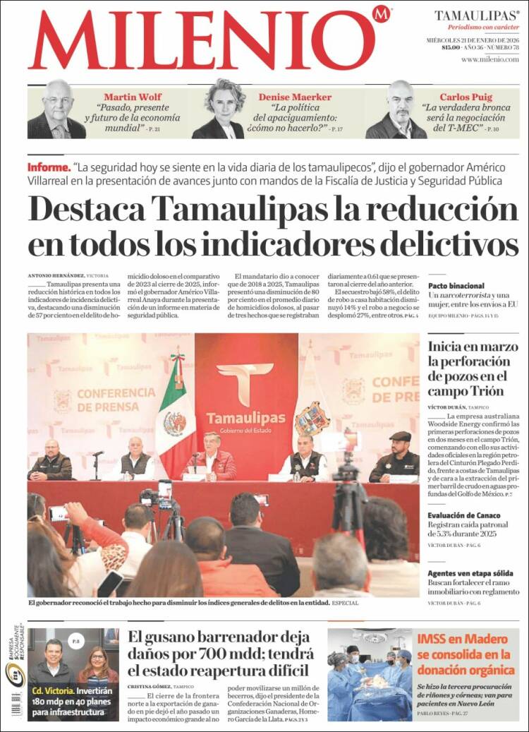 Portada de Milenio - Tamaulipas (México)