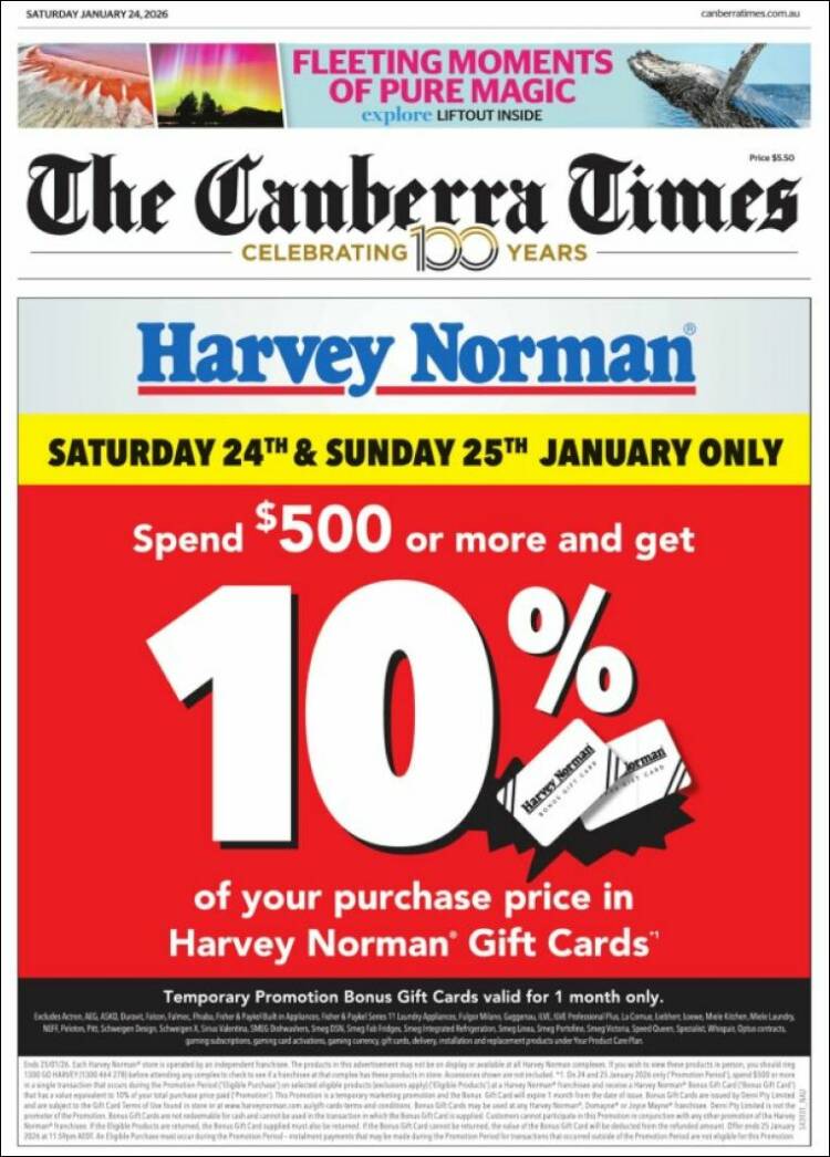 Portada de The Canberra Times (Australia)