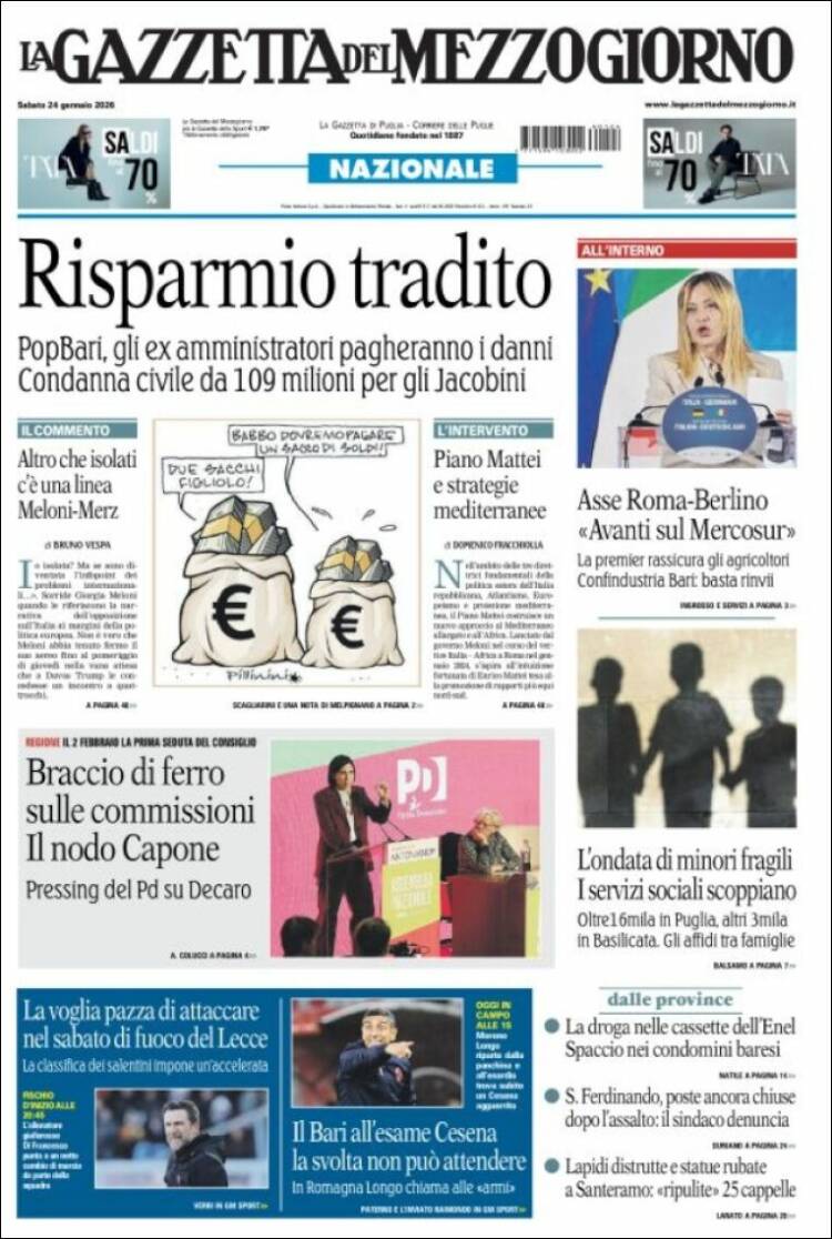Portada de La Gazzetta del Mezzogiorno (Italia)