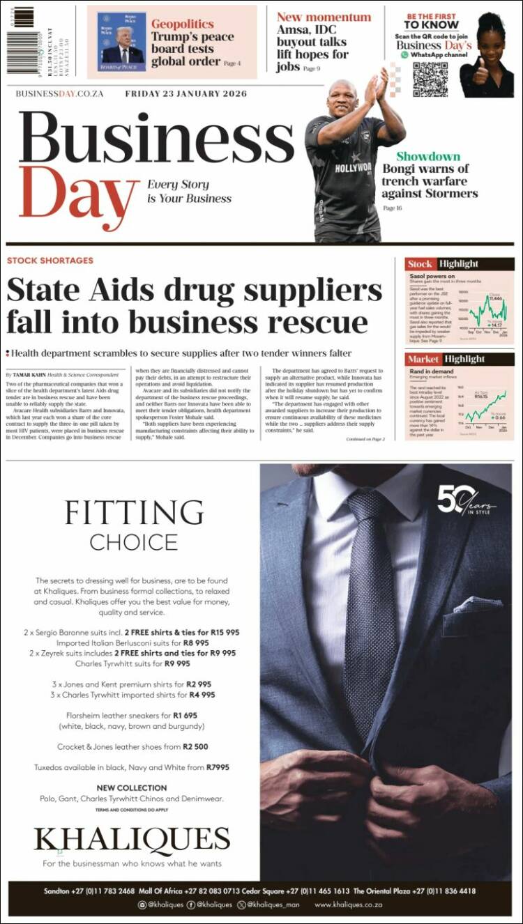 Portada de Business Day (Sudáfrica)