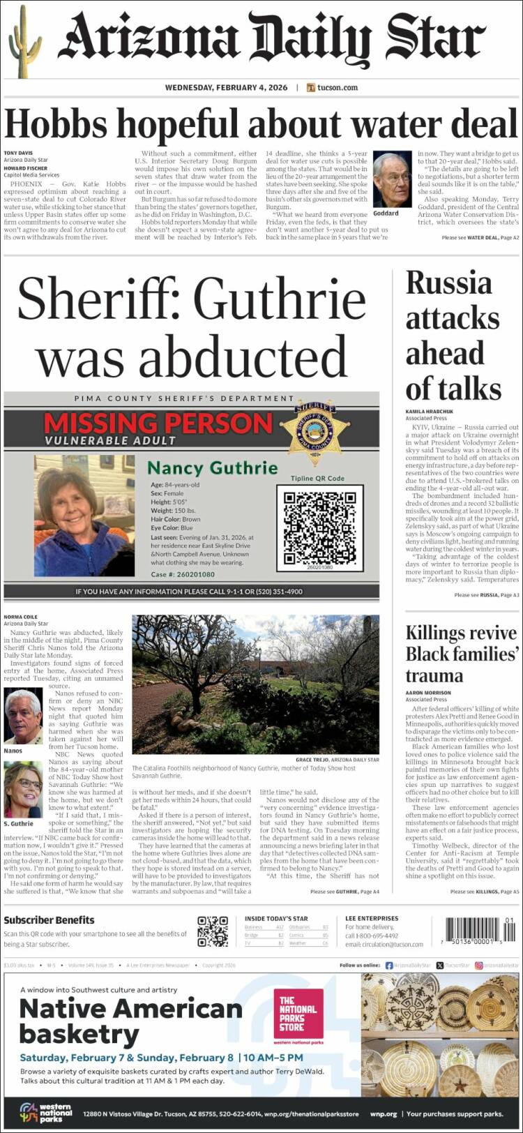 Portada de Arizona Daily Star (USA)