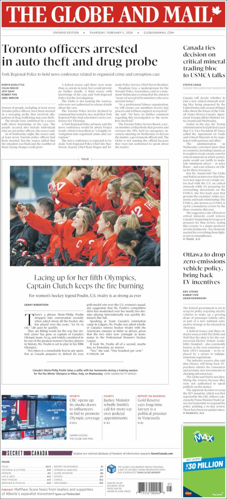 Portada de The Globe and Mail (Canadá)