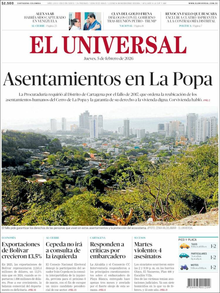 Portada de El Universal (Colombia)