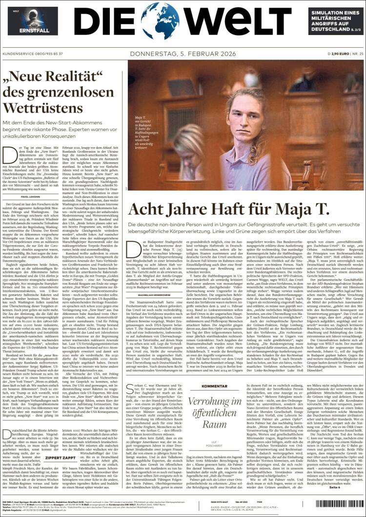Portada de Die Welt (Alemania)